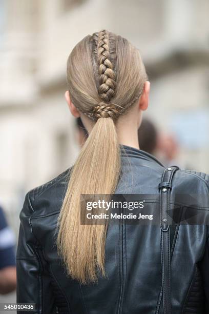 Braid/ponytail hair details after the Ralph & Russo show on July 4, 2016 in Paris, France.