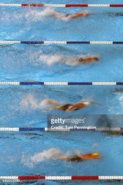 Swimmers compete in the 9th heat of the Women's 50 Meter Freestyle during Day Seven of the 2016 U.S. Olympic Team Swimming Trials at CenturyLink...