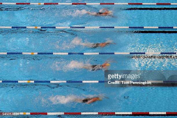 Swimmers compete in the 8th heat of the Women's 50 Meter Freestyle during Day Seven of the 2016 U.S. Olympic Team Swimming Trials at CenturyLink...