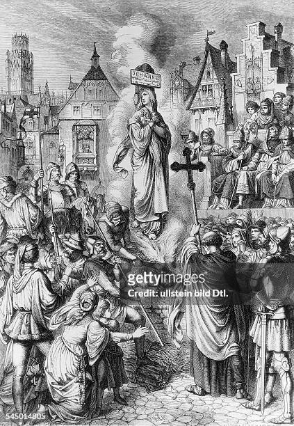 Nationalheldin, Frankreichauf dem Scheiterhaufen in Rouenam 30.5.1431.Stich nach Zeichnung von Eduard v. Luttich