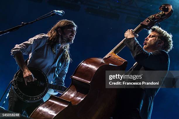 Winston Marshall and Ted Dwane of Mumford And Sons perform at Assago Summer Arena on July 4, 2016 in Milan, Italy.