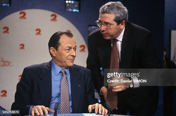Michel Rocard On the TV Program 'L'Heure De Vérité' Set With Jean-Paul Huchon, in Paris, France, on April 25, 1993.