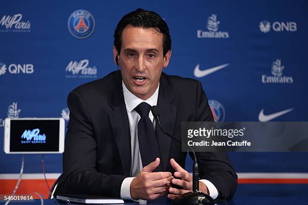 New coach of French Ligue 1 football club Paris Saint-Germain Unai Emery of Spain gives a press conference before the jersey presentation at Parc des...
