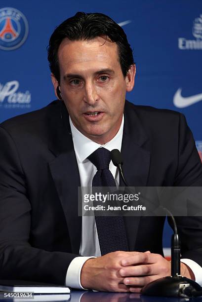 New coach of French Ligue 1 football club Paris Saint-Germain Unai Emery of Spain gives a press conference before the jersey presentation at Parc des...