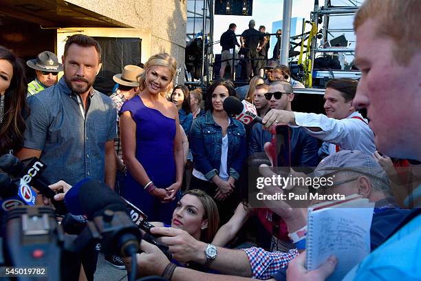 Jimi Westbrook, Nancy O'Dell, Demi Lovato, Nick Jonas and Keith Lockhart speak to the press prior to the Boston Pops Fireworks Spectacular at the DCR...