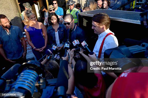 Jimi Westbrook, Nancy O'Dell, Demi Lovato, Nick Jonas and Keith Lockhart speak to the press prior to the Boston Pops Fireworks Spectacular at the DCR...