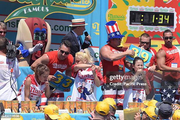 Women contestants work their way through hot dogs. Eight time Nathan's Famous Fourth of July Hot Dog eating contest winner Joey Chestnut regained the...