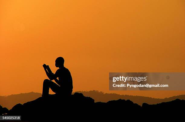 silhouette of a boy reading a book - conakry imagens e fotografias de stock