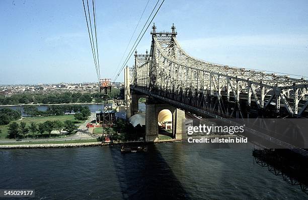 Queensboro Bridge - führt überRossevelt Island nach Queens;daneben die "Schweizer Schwebebahn"- 1998