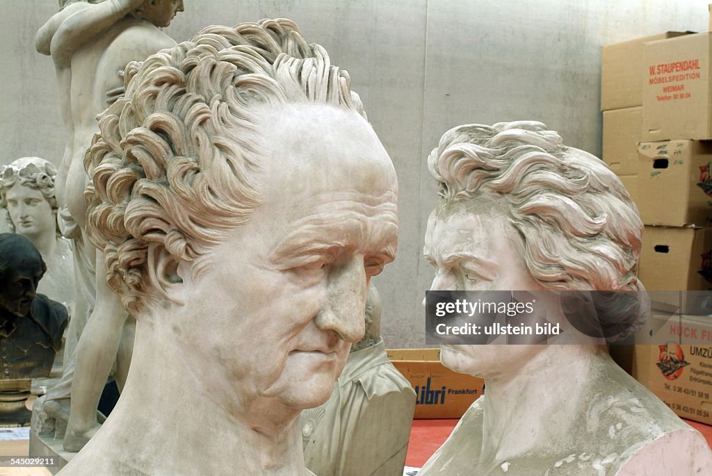 Germany - Thueringen Thuringia - Weimar: Duchess Anna Amalia Library - saved sculptures, the bust of Joahnn Wolfgang von Geothe (l) by the scultptor P.J. David d'Angers and the bust of Ludwig van Beethoven by the sculptor Karl Ludwig Albrecht after t