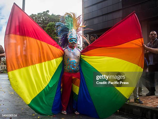 People gather together to celebrate Gay Pride Day in Bogotá, Colombia.