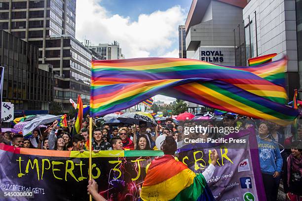 People gather together to celebrate Gay Pride Day in Bogotá, Colombia.