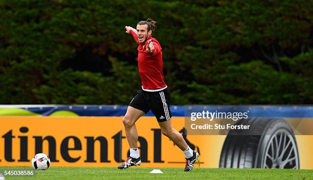 Wales player Gareth Bale reacts during Wales training ahead of their UEFA Euro 2016 Semi final against Portugal at College Le Bocage on July 5, 2016...