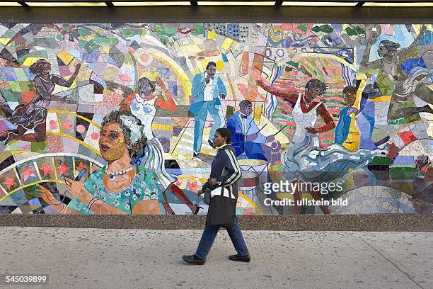 New York City: Harlem: Tessellated mural with themes of African American culture at junction West 125th St., Frederick Douglass Blvd.