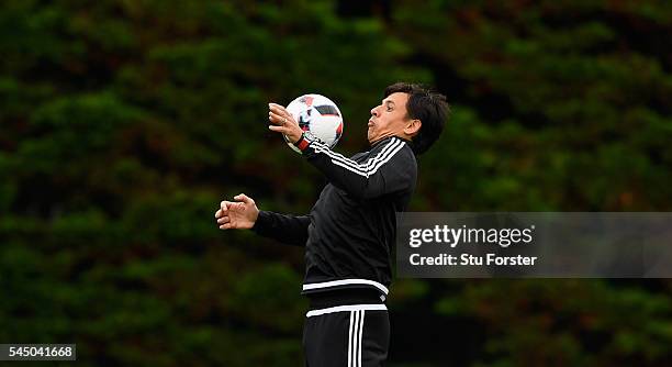 Wales manager Chris Coleman in action during Wales training ahead of their UEFA Euro 2016 Semi final against Portugal at College Le Bocage on July 5,...
