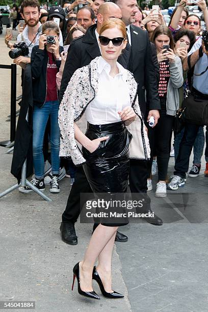 Actress Jessica Chastain leaves the Chanel Haute Couture Fall/Winter 2016-2017 show as part of Paris Fashion Week on July 5, 2016 in Paris, France.