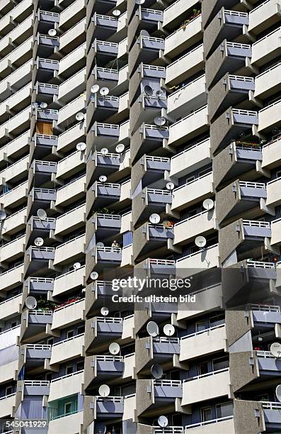 Germany - North Rhine-Westphalia - Koeln Cologne: balconies with satellit dish at a multi-storey building in Koeln-Chorweiler