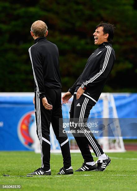 Wales manager Chris Coleman and coach Paul Trollope enjoy themselves during Wales training ahead of their UEFA Euro 2016 Semi final against Portugal...