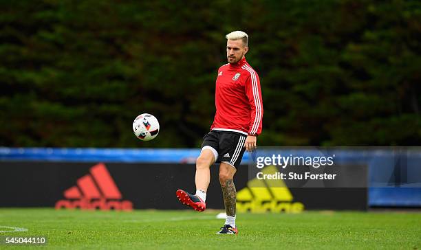 Wales player Aaron Ramsey in action during Wales training ahead of their UEFA Euro 2016 Semi final against Portugal at College Le Bocage on July 5,...