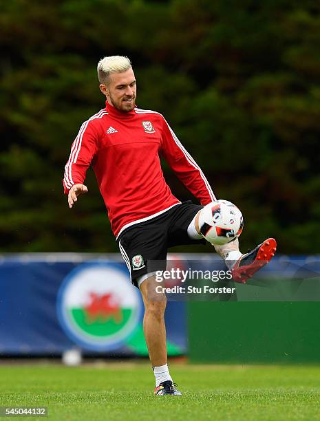 Wales player Aaron Ramsey in action during Wales training ahead of their UEFA Euro 2016 Semi final against Portugal at College Le Bocage on July 5,...