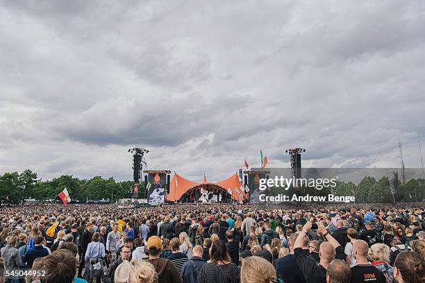 General view of festival goers for Dizzy Mizz Lizzy at the Orange stage during Roskilde Festival 2016 on July 02, 2016 in Roskilde, Denmark.