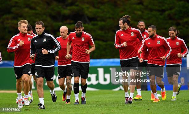 Wales player Gareth Bale in action with team mates during Wales training ahead of their UEFA Euro 2016 Semi final against Portugal at College Le...