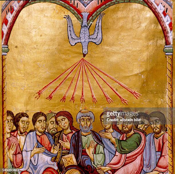 Art, religious art, Pentecost : Outpour of the holy spirit : Antiphonal of St. PeterSalzburg Nat. Libr. Vienna -