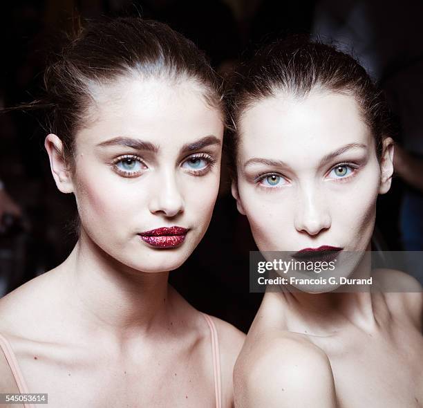 Bella Hadid and Taylor Marie Hill pose Backstage prior the Atelier Versace Haute Couture Fall/Winter 2016-2017 show as part of Paris Fashion Week on...