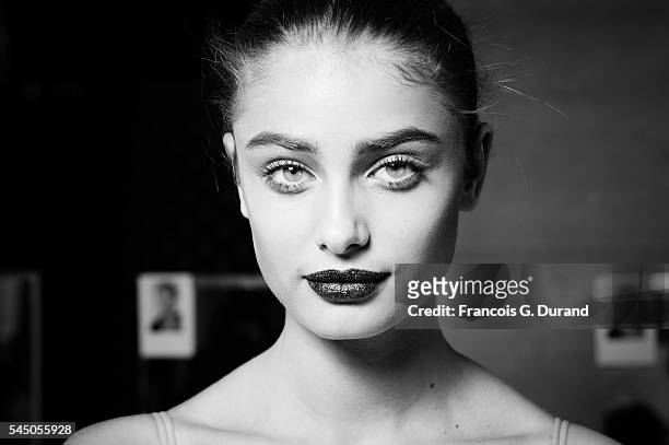 Taylor Marie Hill poses Backstage prior the Atelier Versace Haute Couture Fall/Winter 2016-2017 show as part of Paris Fashion Week on July 3, 2016 in...