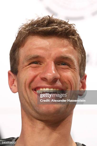 Thomas Mueller of Germany smiles during a Germany press conference at Ermitage Evian on July 05, 2016 in Evian-les-Bains, France.