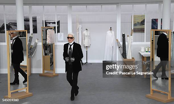 Designer Karl Lagerfeld is seen on the runway during the Chanel Haute Couture Fall/Winter 2016-2017 show as part of Paris Fashion Week on July 5,...