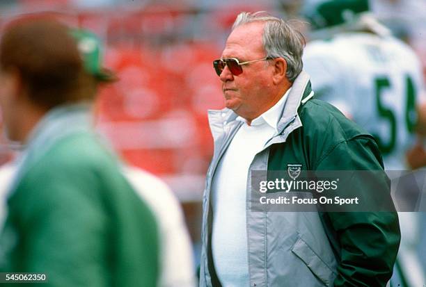 Head Coach Buddy Ryan of the Philadelphia Eagles looks on prior to the start of an NFL football game circa 1989. Ryan was the head coach of the...