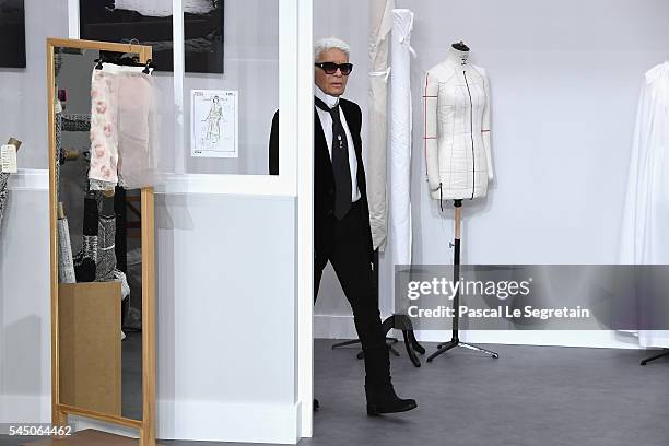 Designer Karl Lagerfeld is seen on the runway during the Chanel Haute Couture Fall/Winter 2016-2017 show as part of Paris Fashion Week on July 5,...