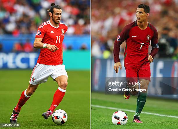 In this composite image a comparision has been made between Gareth Bale of Wales and Cristiano Ronaldo of Portugal. Wales and Portugal meet in the...