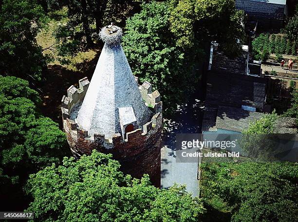 Storchennest auf einem alten Turmin Angermünde Luftaufnahme 1993LdM