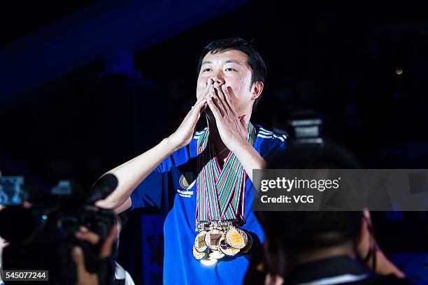 Basketball player Wang Zhizhi attends his retirement ceremony during a match of the Stankovic Continental Cup 2016 on July 5, 2016 in Beijing, China....