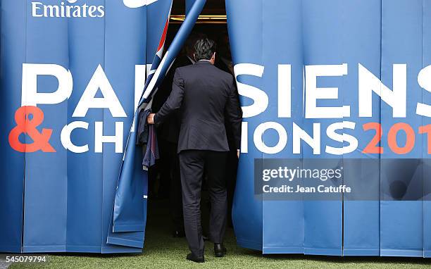 New coach of French Ligue 1 football club Paris Saint-Germain Unai Emery of Spain gives a press conference before the jersey presentation at Parc des...