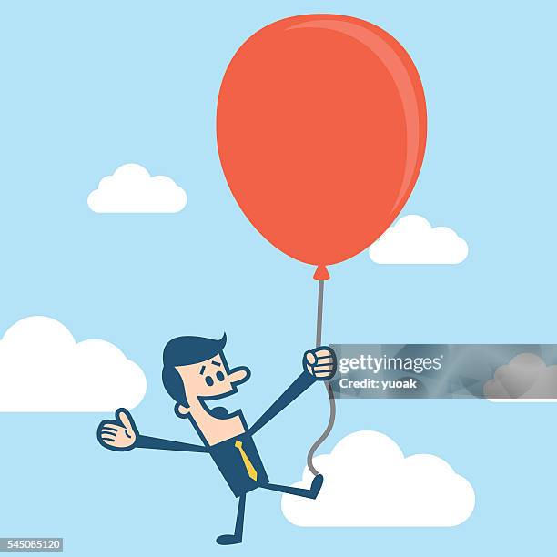 businessman flying with red balloon - young man looking up stock illustrations