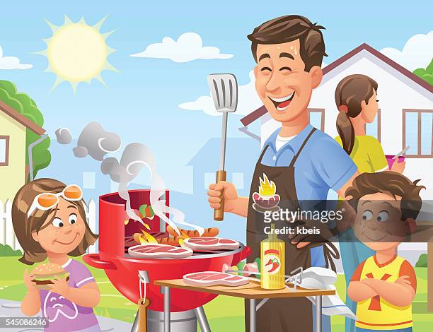 illustrations, cliparts, dessins animés et icônes de barbecue dans le jardin d'été - été famille heureuse