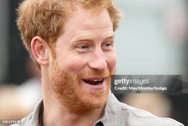 Prince Harry visits the Blair Project at the Three Sisters Raceway during a day of engagements on July 5, 2016 in Wigan, England.