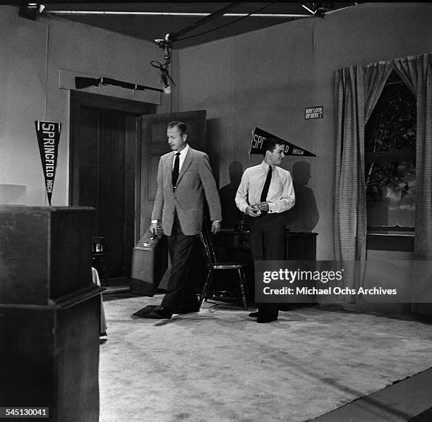 Actor Robert Young performs on the "Toast of the Town" show hosted by Ed Sullivan at the Maxine Elliott Theater in New York, New York.