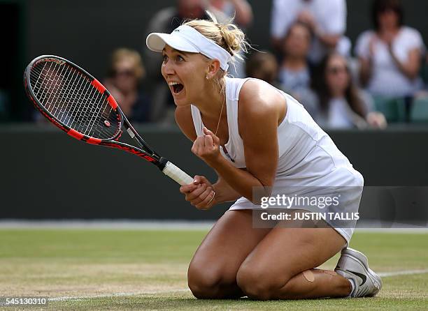 Russia's Elena Vesnina celebrates beating Slovakia's Dominika Cibulkova after their women's singles quarter-final match on the ninth day of the 2016...