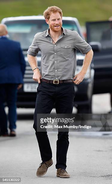 Prince Harry visits the Blair Project at the Three Sisters Raceway during a day of engagements on July 5, 2016 in Wigan, England.