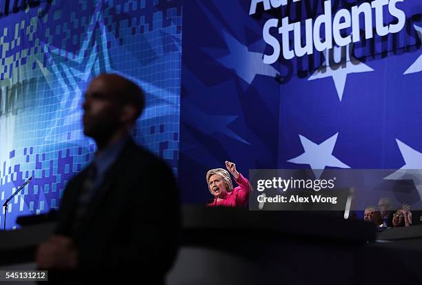 Democratic presidential candidate Hillary Rodham Clinton addresses the 95th Representative Assembly of the National Education Association July 5,...