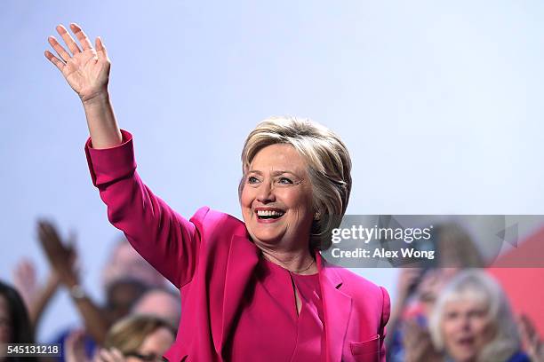 Democratic presidential candidate Hillary Rodham Clinton waves after she addressed the 95th Representative Assembly of the National Education...