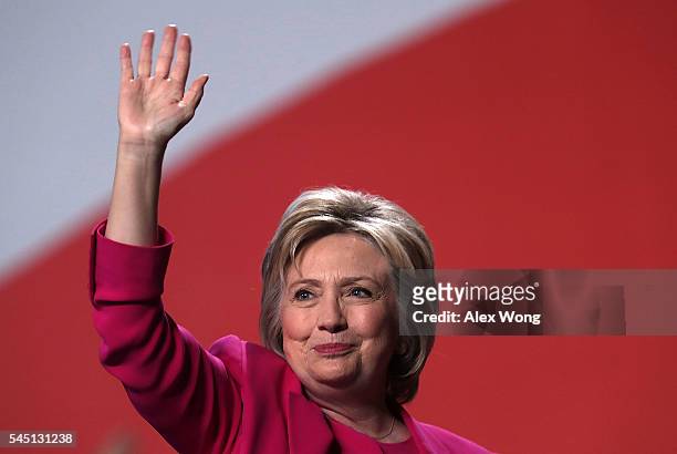Democratic presidential candidate Hillary Rodham Clinton waves after she addressed the 95th Representative Assembly of the National Education...