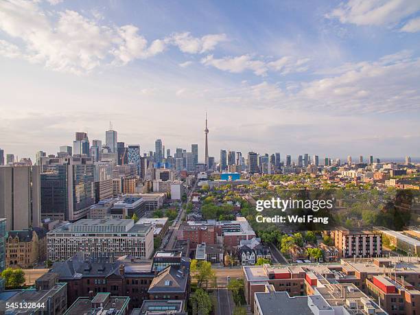 aerial view of toronto cityscape at sunrise - toronto stock-fotos und bilder