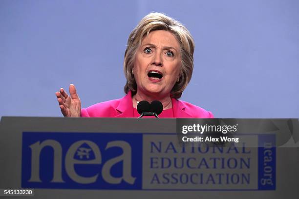 Democratic presidential candidate Hillary Rodham Clinton addresses the 95th Representative Assembly of the National Education Association July 5,...