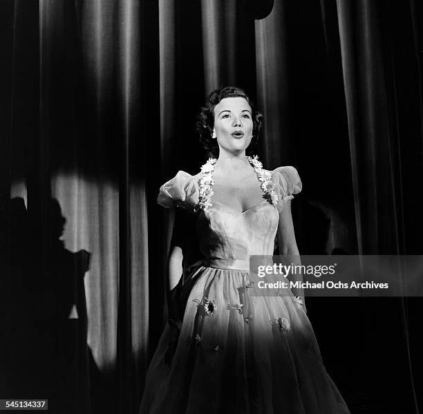 Singer Nanette Fabray performs on the "Toast of the Town" show hosted by Ed Sullivan at the Maxine Elliott Theater in New York, New York.