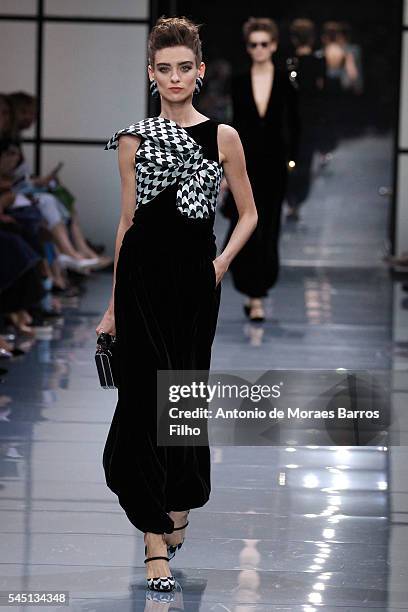 Model walks the runway during the Giorgio Armani Prive Haute Couture Fall/Winter 2016-2017 show as part of Paris Fashion Week on July 5, 2016 in...